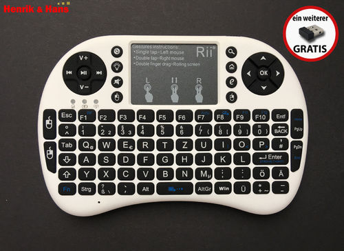 Rii i8+ 2017 Kabellos Mini Tastatur Touchpad Wireless Keyboard Backlit Deutsch - Weiß