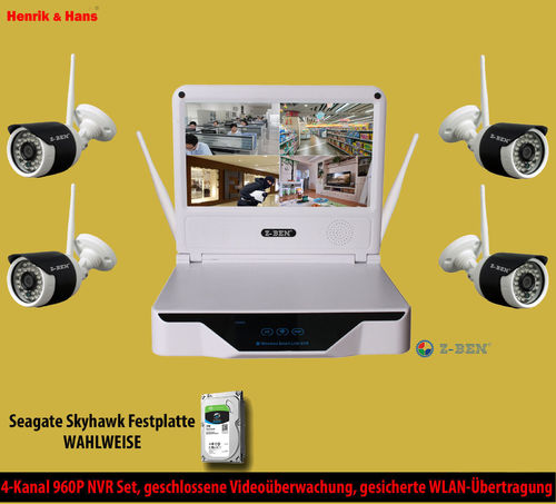 Kabellos Videoüberwachung Set NVR 4x 960P Überwachungskamera Monitor + 1TB / 2TB