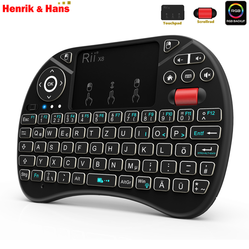 Rii X8 Mini Kabellos Funk Tastatur Touchpad Mausrad Wireless Keyboard Backlit Deutsch QWERTZ