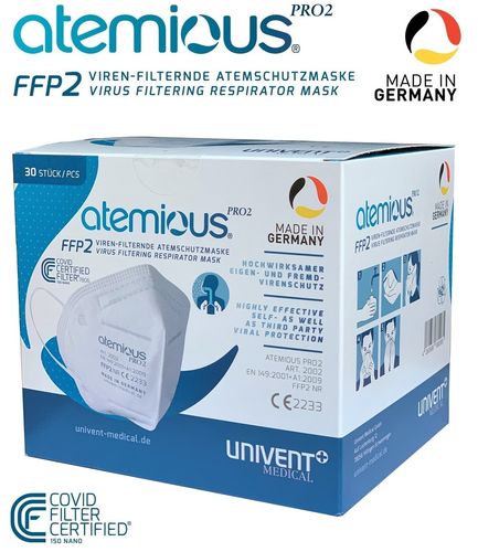 30 x Atemious Pro2 FFP2 Atemschutzmaske 4-Lagig, CE,Made in Germany,✔️30St. in der OVP