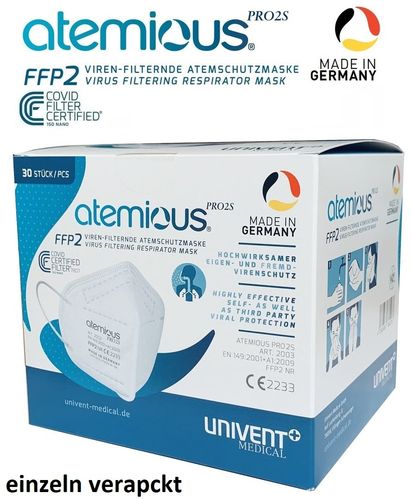 Atemious Pro2S FFP2 Atemschutzmaske 4-Lagig,CE,Made in Germany,✔️30St. einzeln verpackt im Sammelbox