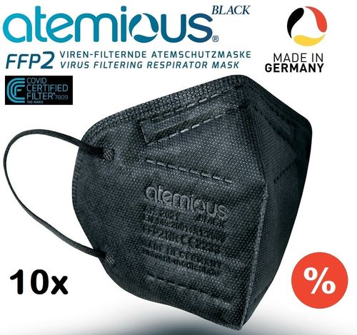 Atemious BLACK FFP2 Atemschutzmaske,4-Lagig, CCF, Made in Germany,✔️10St. aus OVP im Beutel verpackt