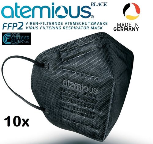 Atemious BLACK FFP2 Atemschutzmaske,4-Lagig, CCF, Made in Germany,✔️10St. aus OVP im Beutel verpackt