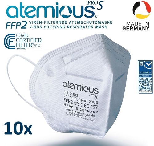 Atemious Pro5 FFP2 Atemschutzmaske 4-Lagig,CE,CCF,Made in Germany,✔️10St. aus OVP im Beutel verpackt