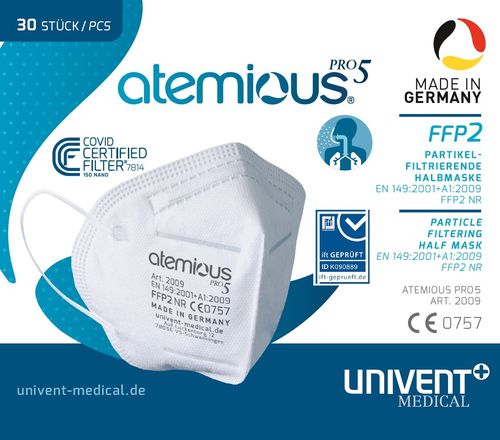 Atemious Pro5 FFP2 Atemschutzmaske, 4-Lagig, CE, CCF, Made in Germany,✔️30St. in der OVP